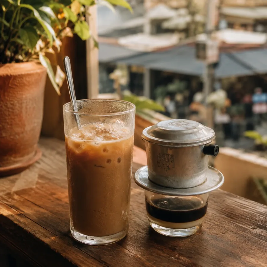 Góc ngồi buổi sáng — bàn gỗ cạnh cửa sổ, nắng nhẹ — trước